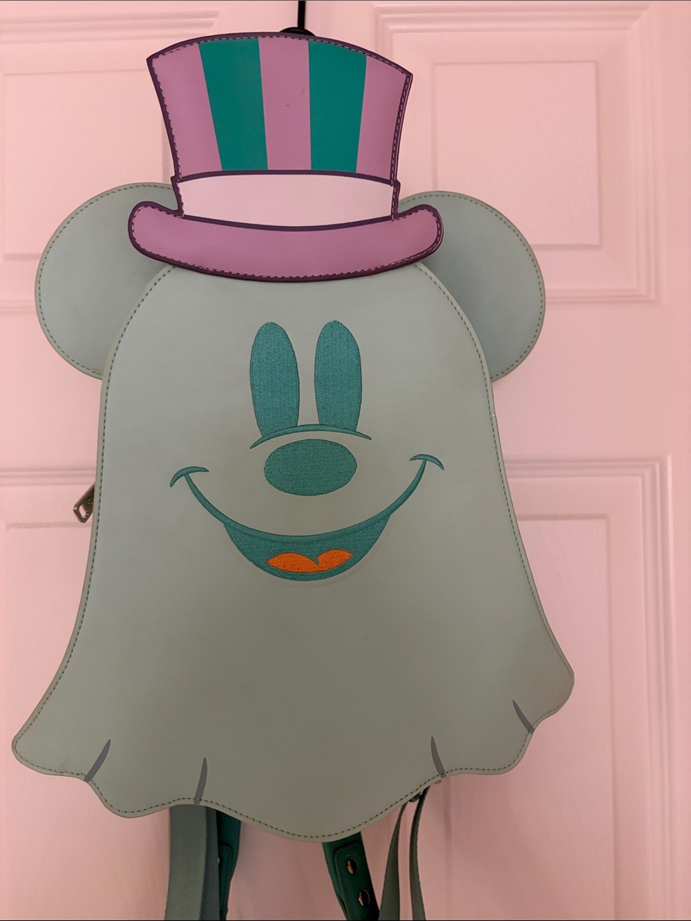 Lounged Mint Ghost Mickey Backpack with Purple Top Hat. Glows in the dark - Picture 2 of 6
